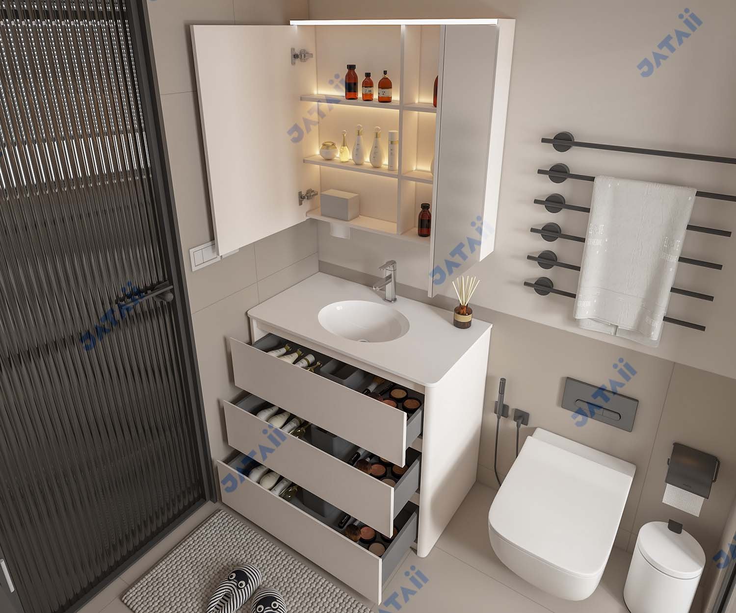  JATAII White Freestanding Vanity 3 Drawers Medicine Cabinet