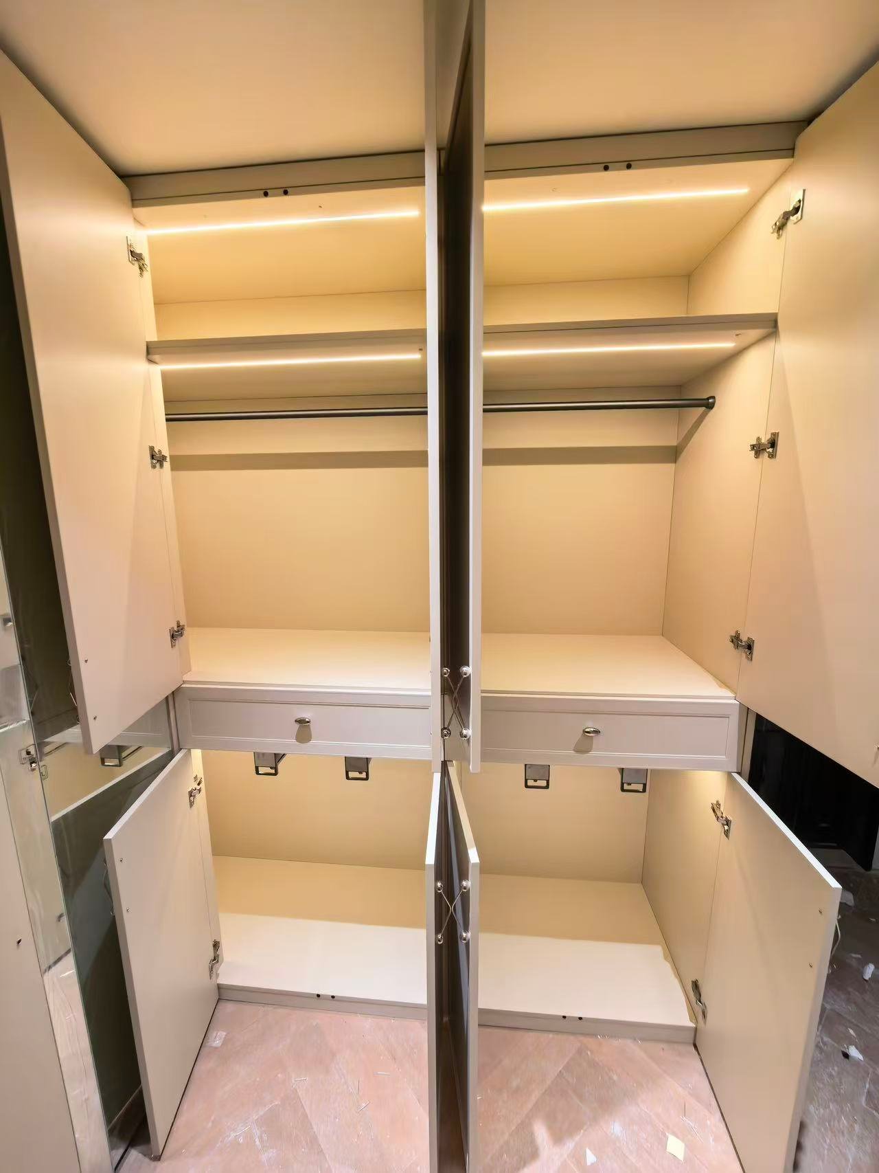 Custom wardrobe with LED strip hanging shelf storage