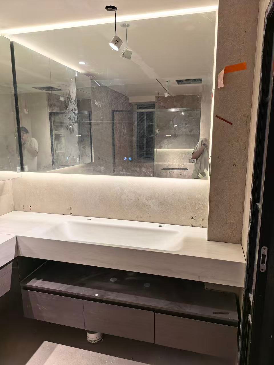 Solid surface bathroom vanity with LED mirror cabinet