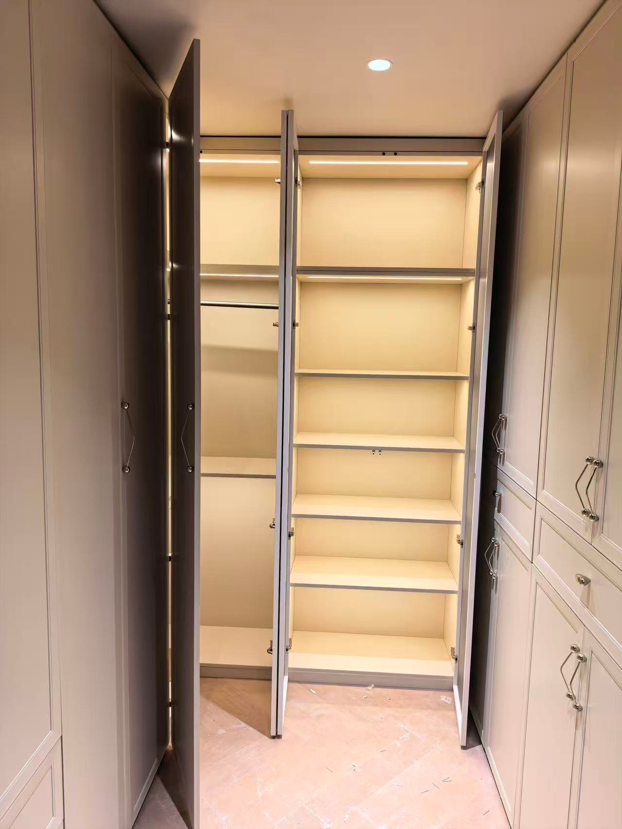 Walk-in wardrobe with custom LED light storage