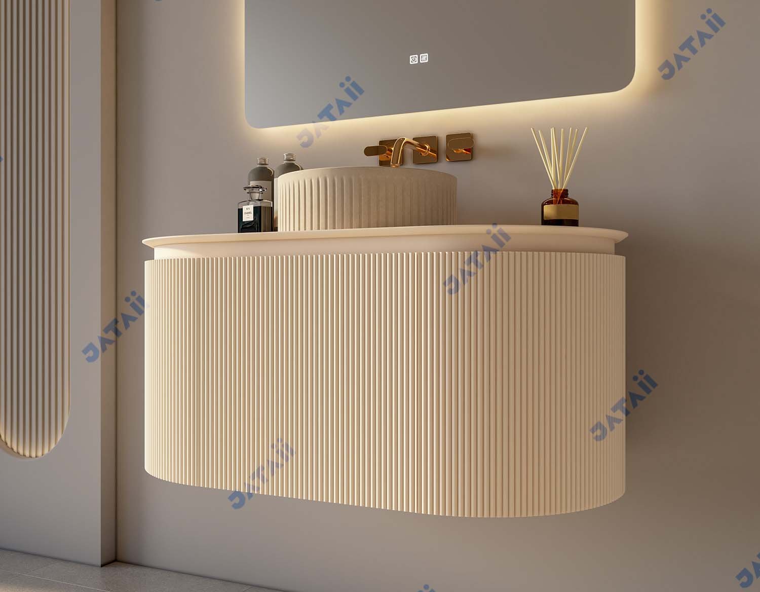 Cream Oval Floating Vanity | Fluted Vessel Sink & Honeycomb Core | JATAII