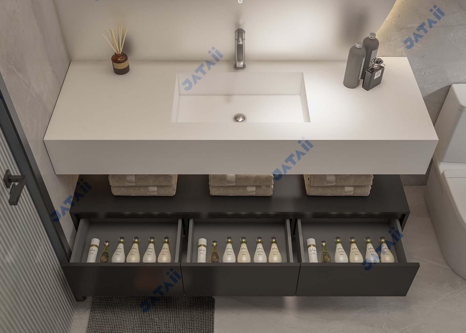 1800mm Matte Dark Grey Dual-Tier Vanity with Integrated Sink & Arched Mirror