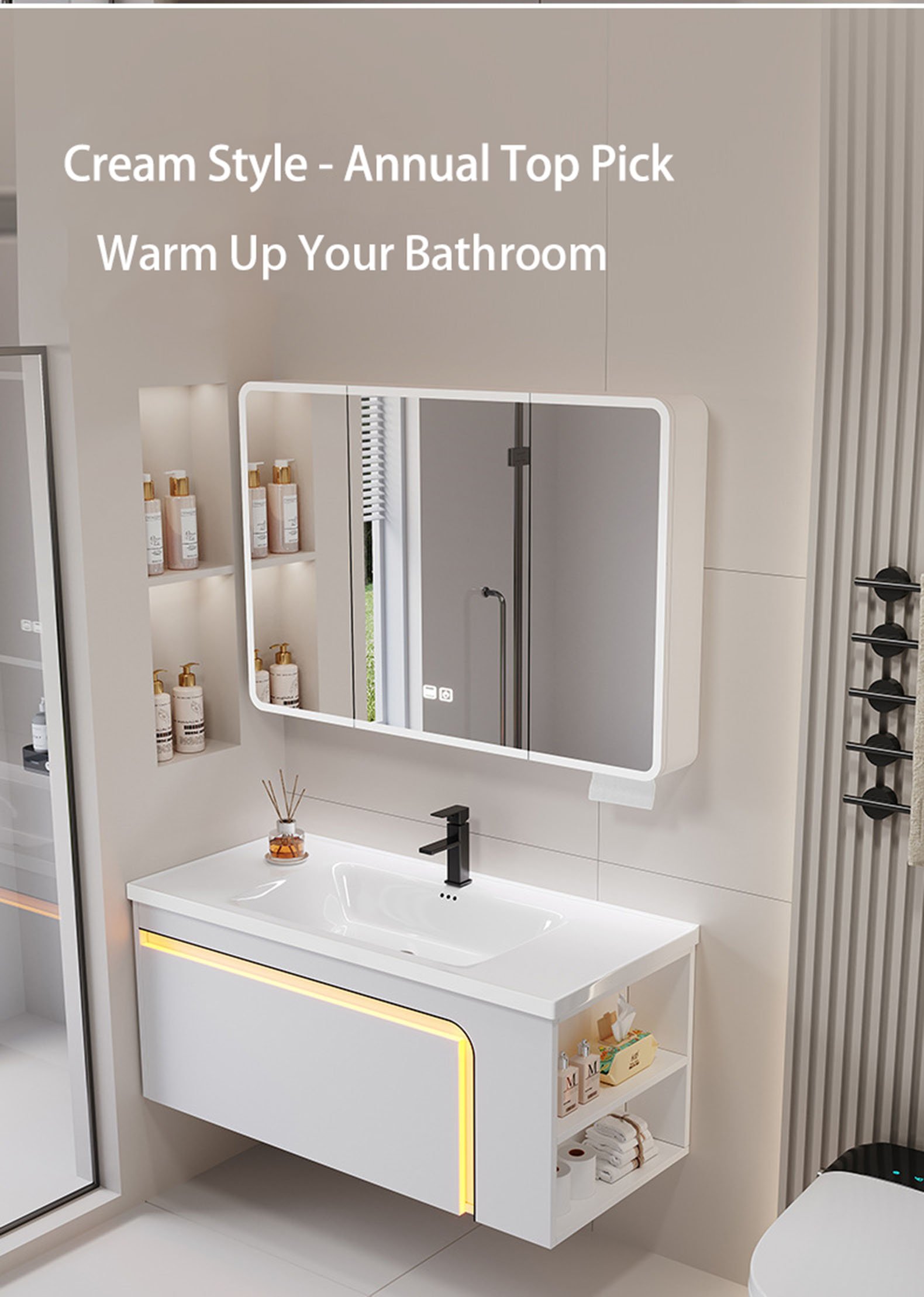 Modern Smart LED Wall-Mounted Bathroom Vanity with Cosmetic Organizer Medicine Cabinet detail 4