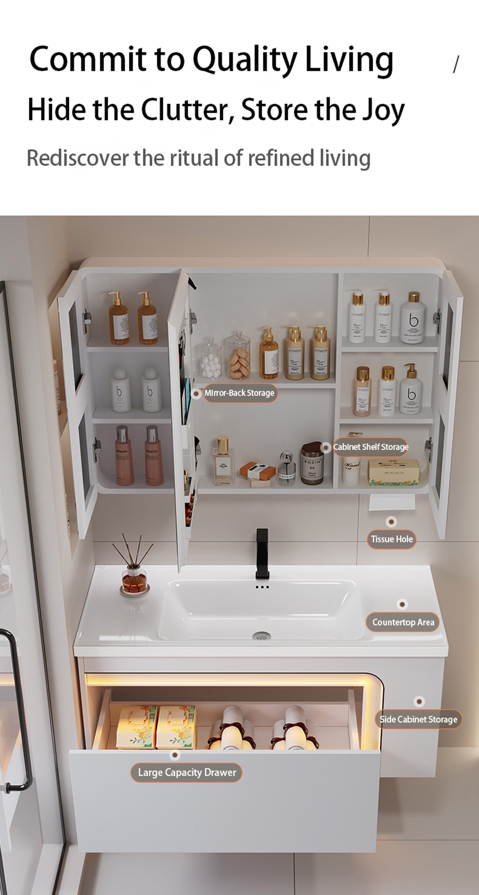 Modern Smart LED Wall-Mounted Bathroom Vanity with Cosmetic Organizer Medicine Cabinet detail 2