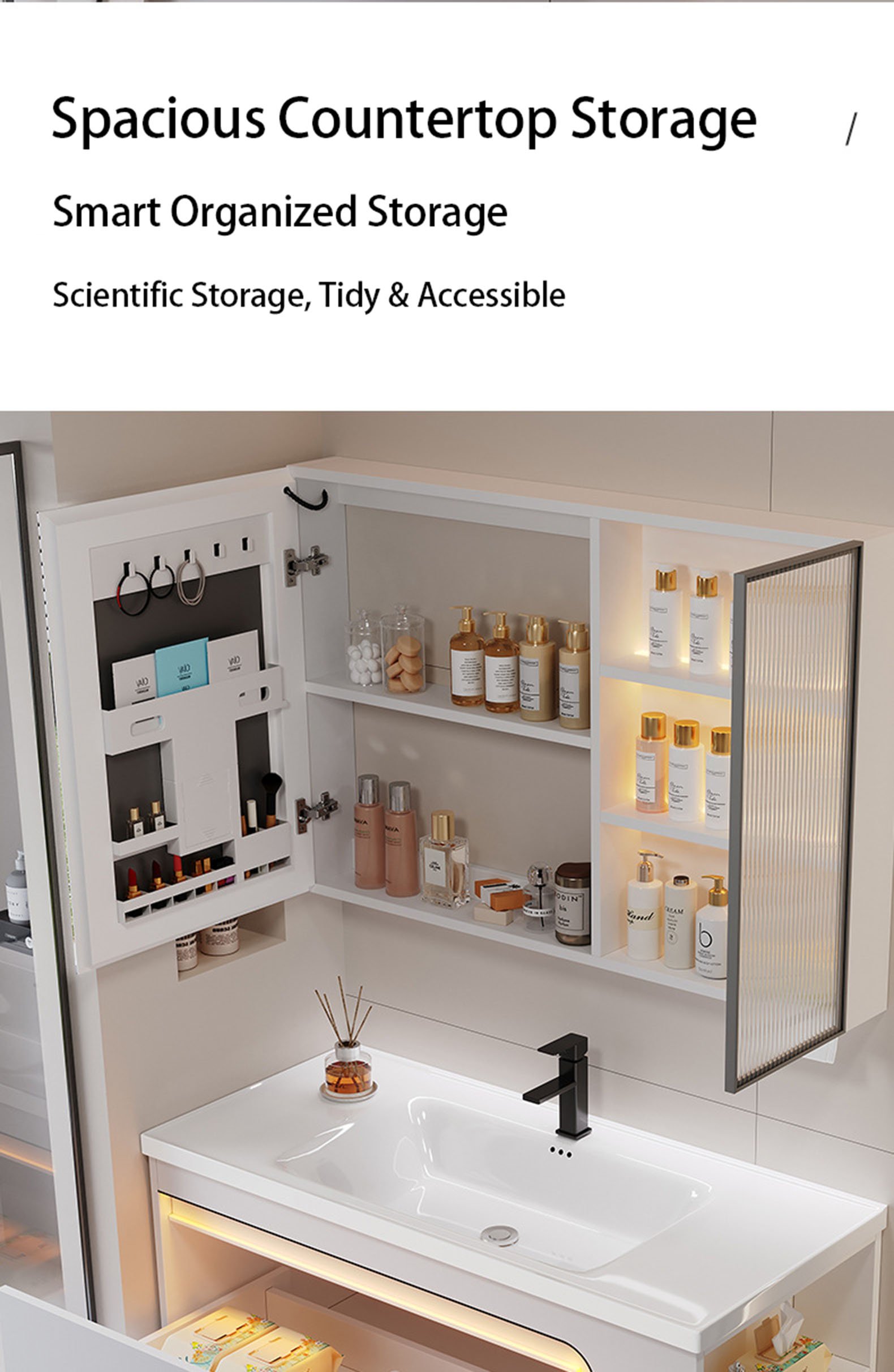 Modern Smart LED Wall-Mounted Bathroom Vanity with Cosmetic Organizer Medicine Cabinet detail 5
