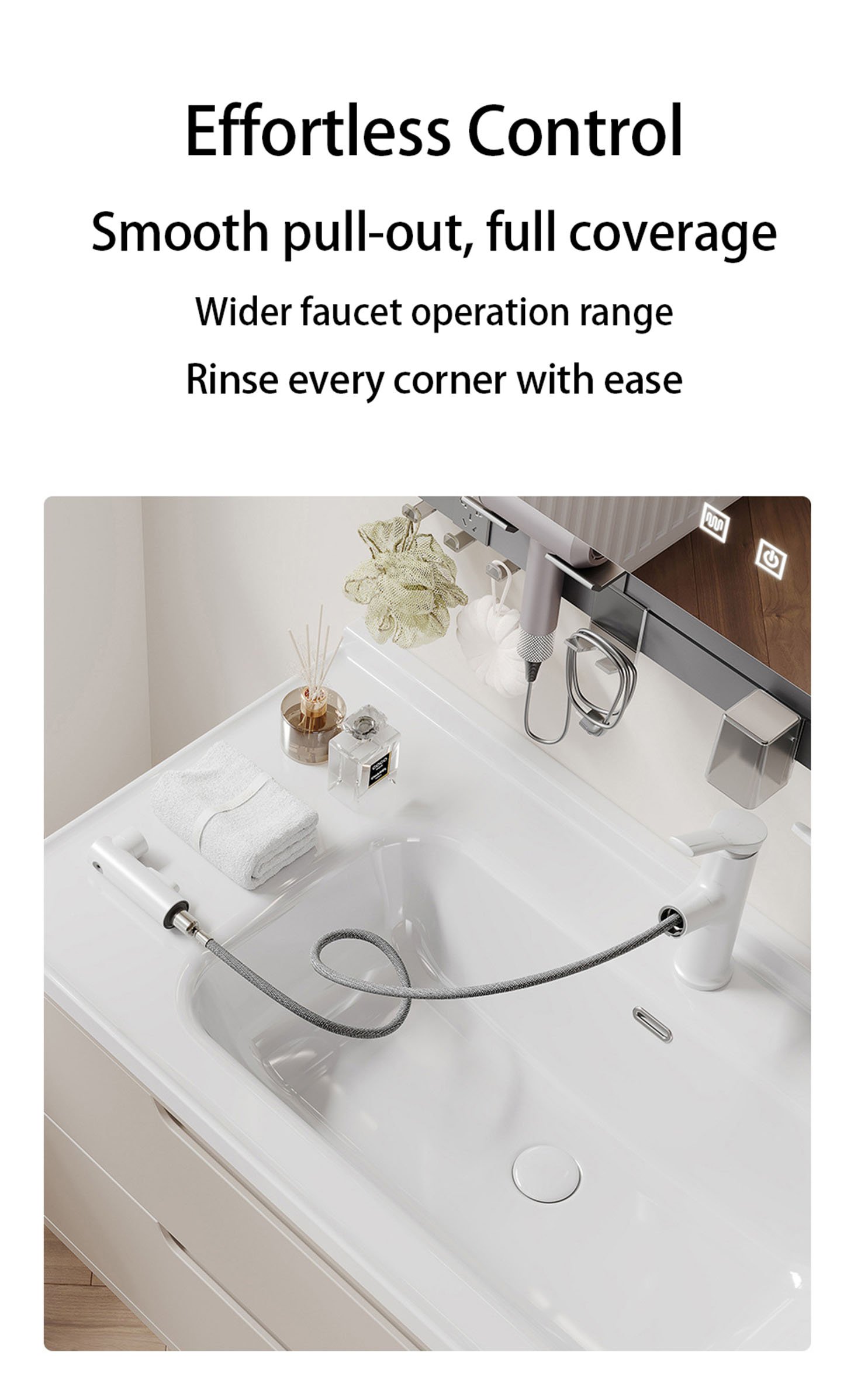 Minimalist Smart LED Bathroom Vanity with Multifunctional Track Organizer System detail 2