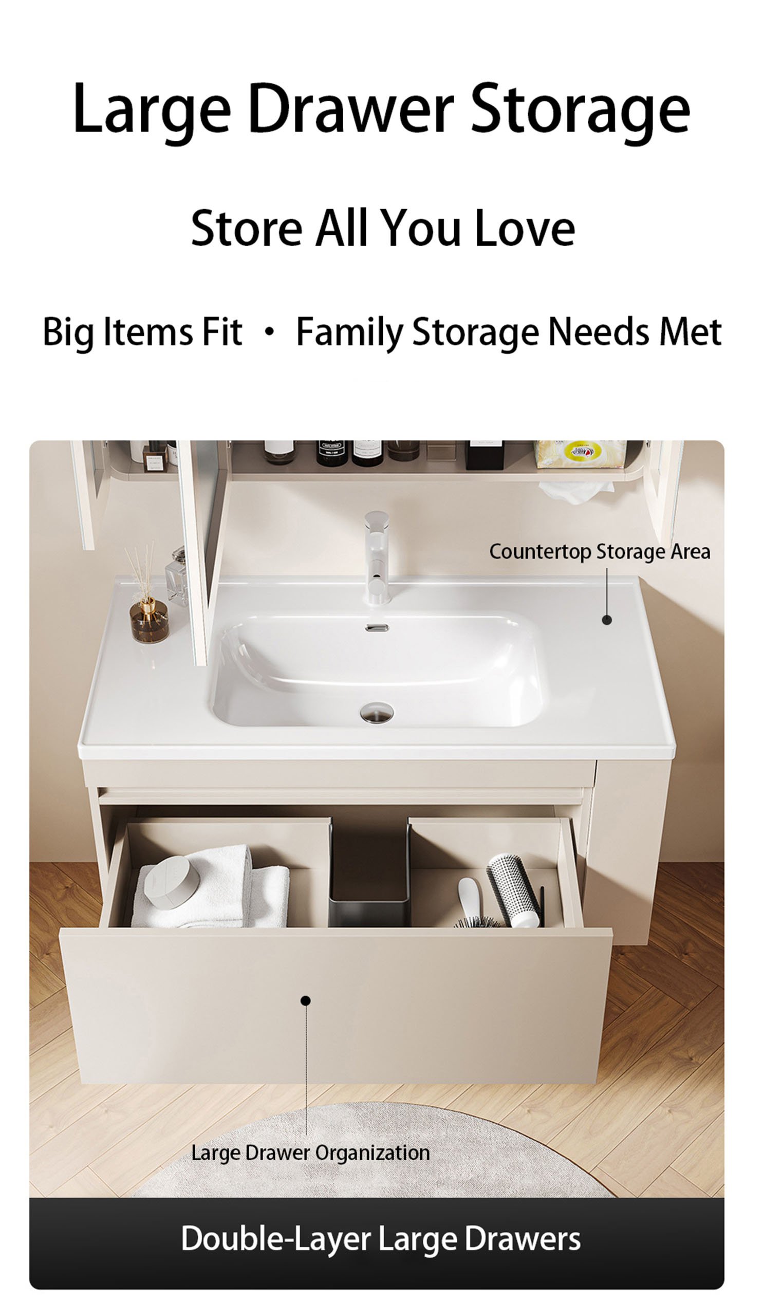 Minimalist Smart LED Bathroom Vanity with Multifunctional Track Organizer System detail 3