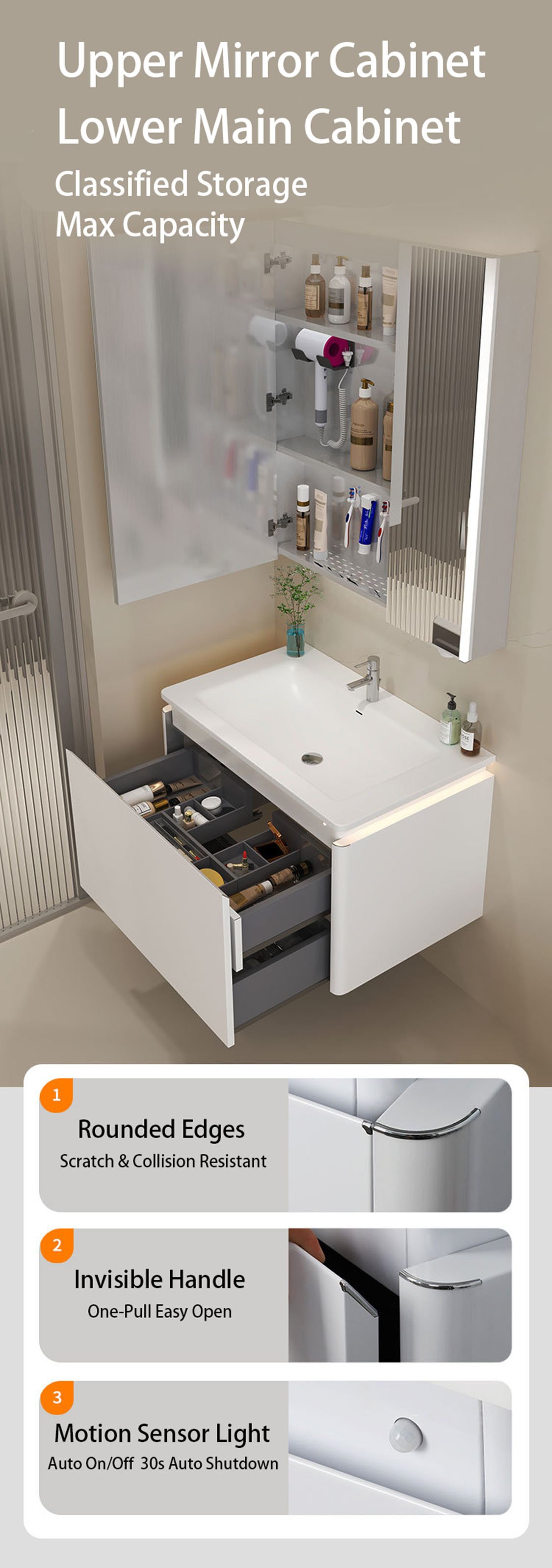Premium 304 Stainless Steel Floating Bathroom Vanity with Smart Mirror Cabinet detail 5