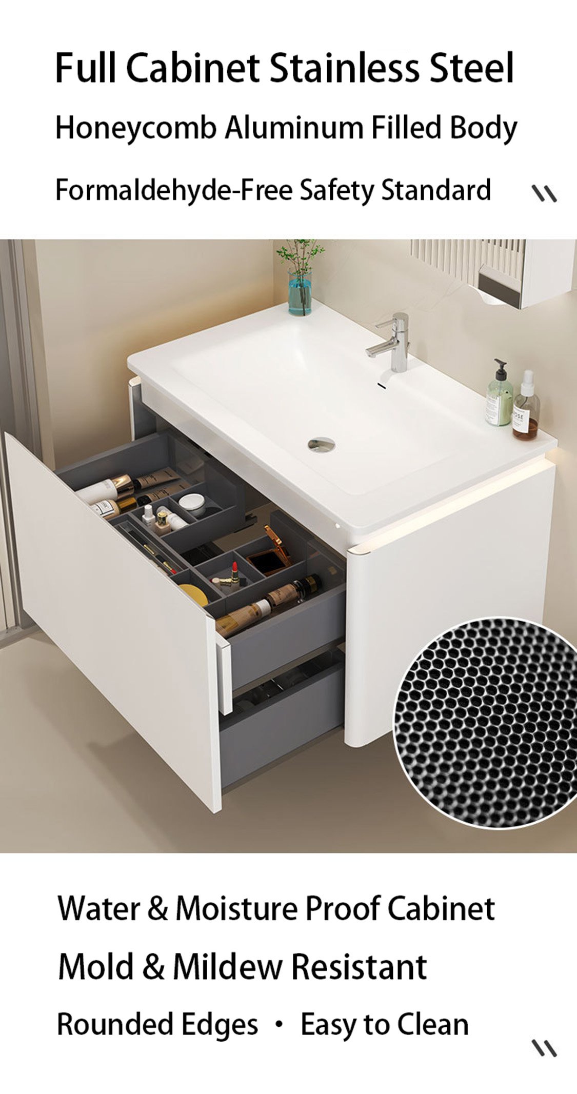 Premium 304 Stainless Steel Floating Bathroom Vanity with Smart Mirror Cabinet detail 6