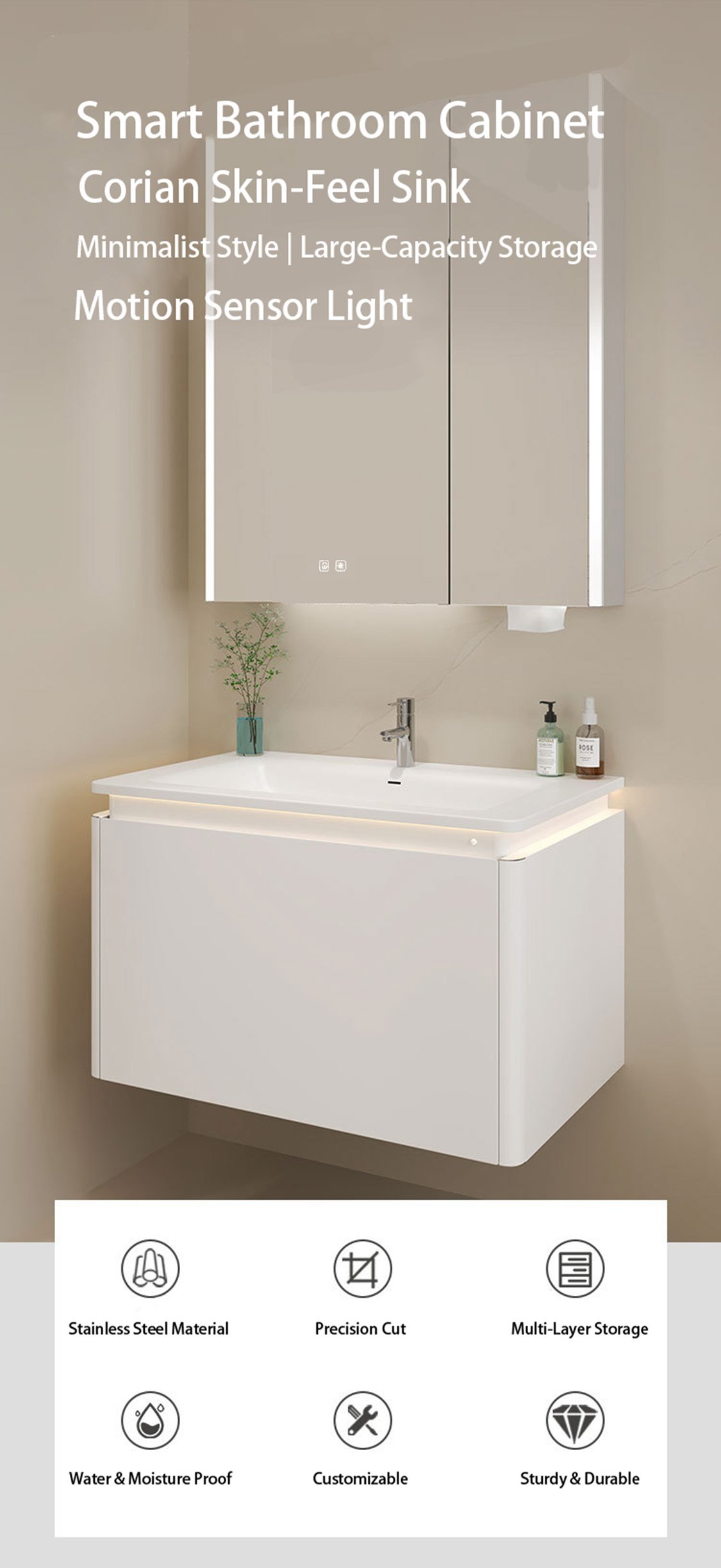 Premium 304 Stainless Steel Floating Bathroom Vanity with Smart Mirror Cabinet detail 3
