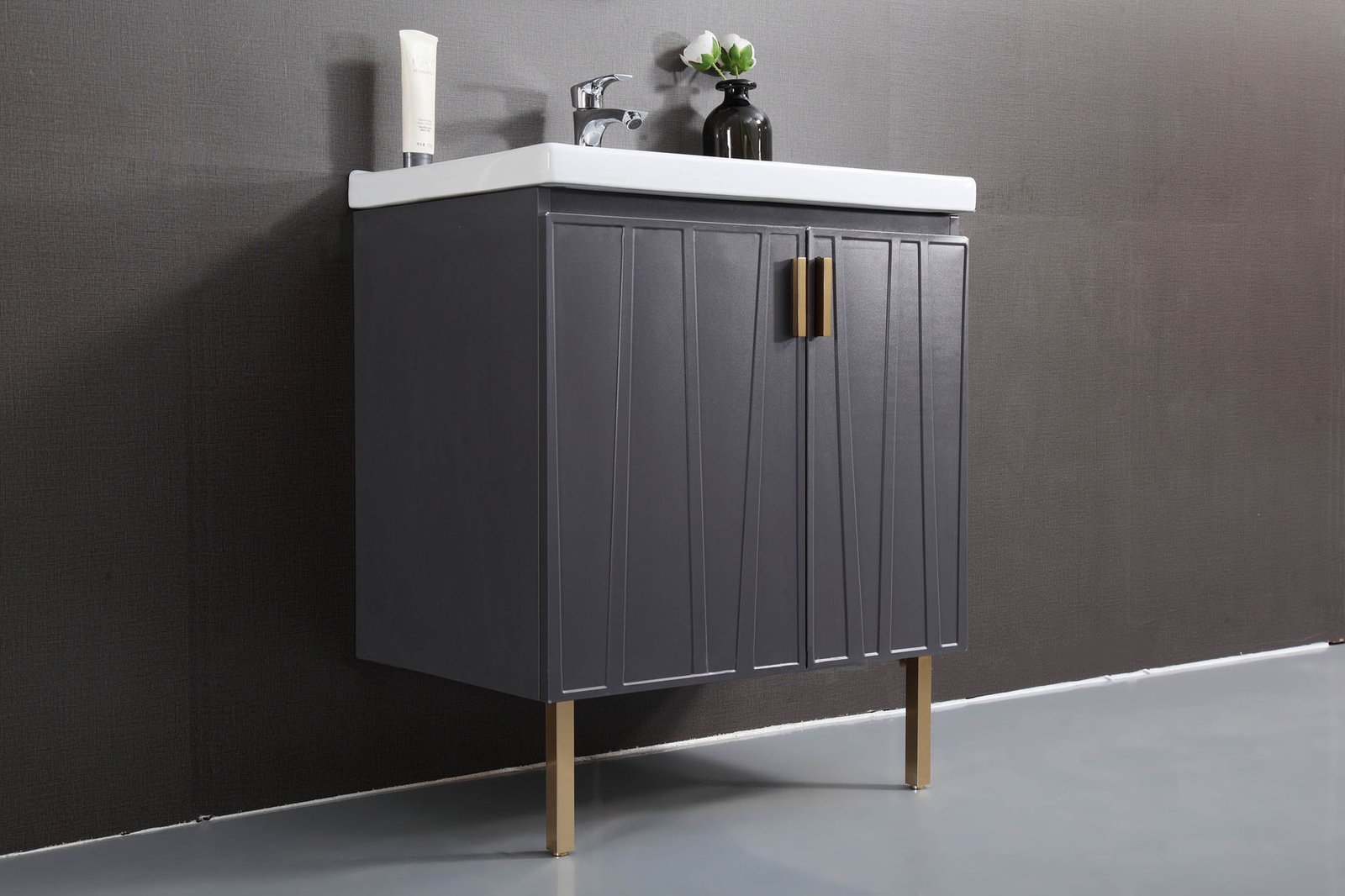 Modern Freestanding Bathroom Vanity with Geometric Doors and Brass Legs detail 3
