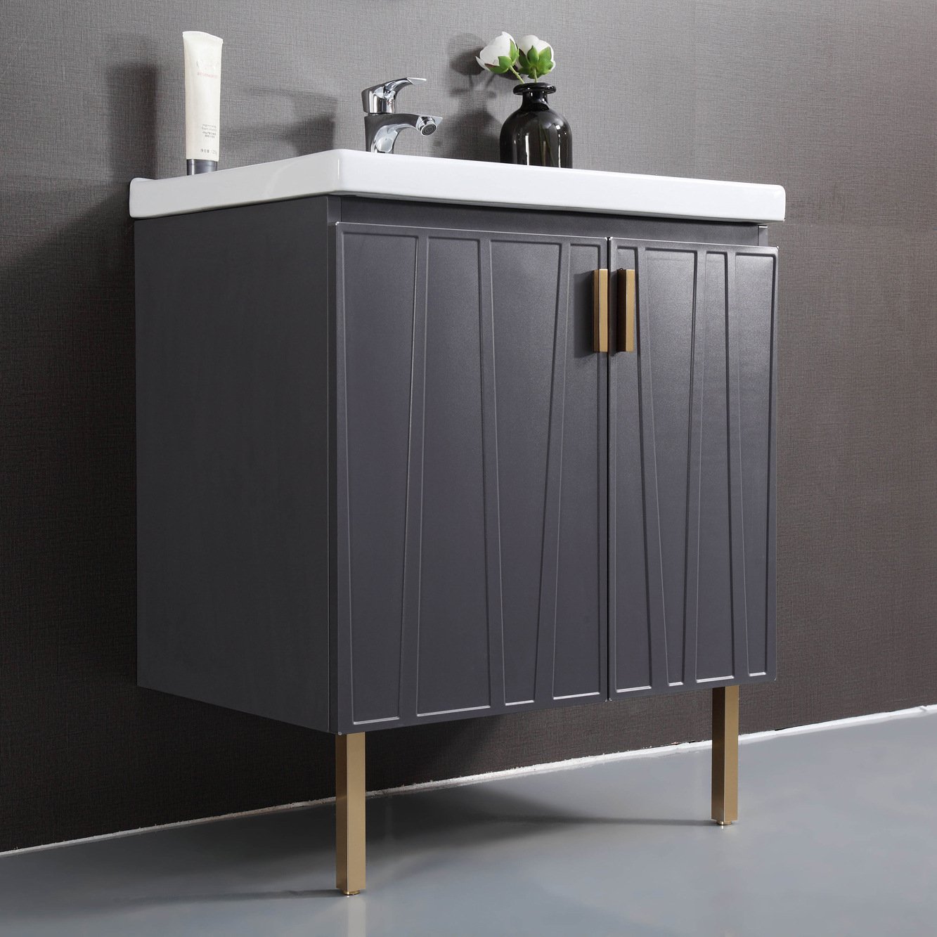 Modern Freestanding Bathroom Vanity with Geometric Doors and Brass Legs