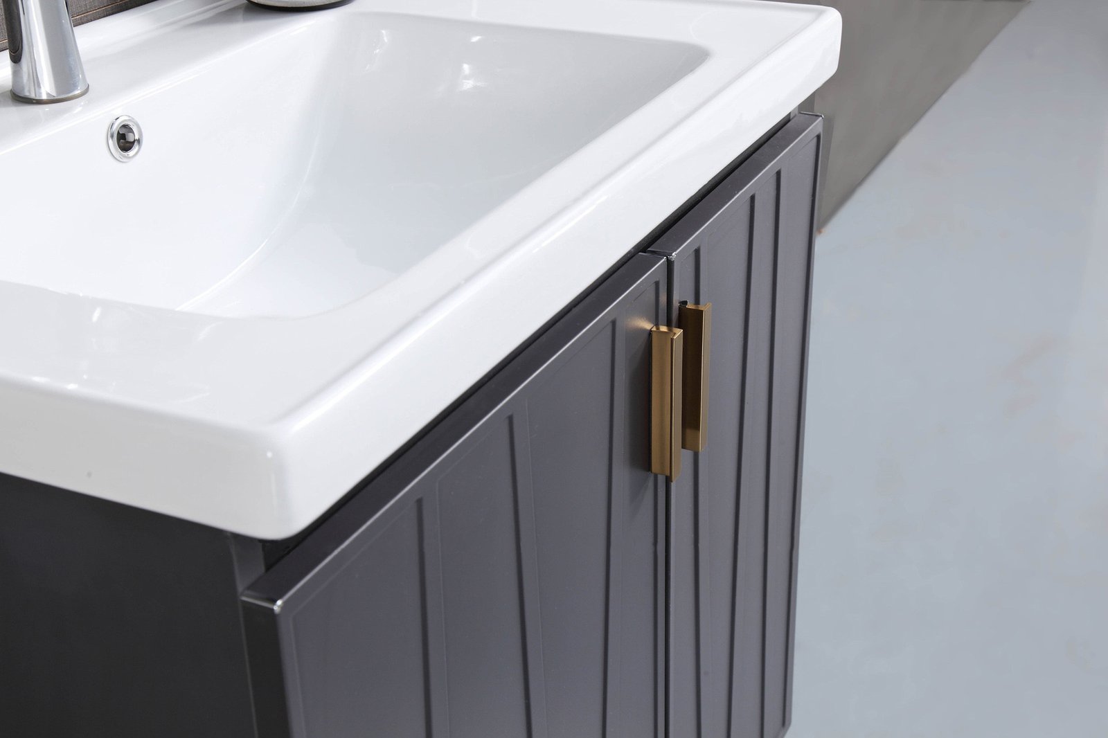 Modern Freestanding Bathroom Vanity with Geometric Doors and Brass Legs detail 4