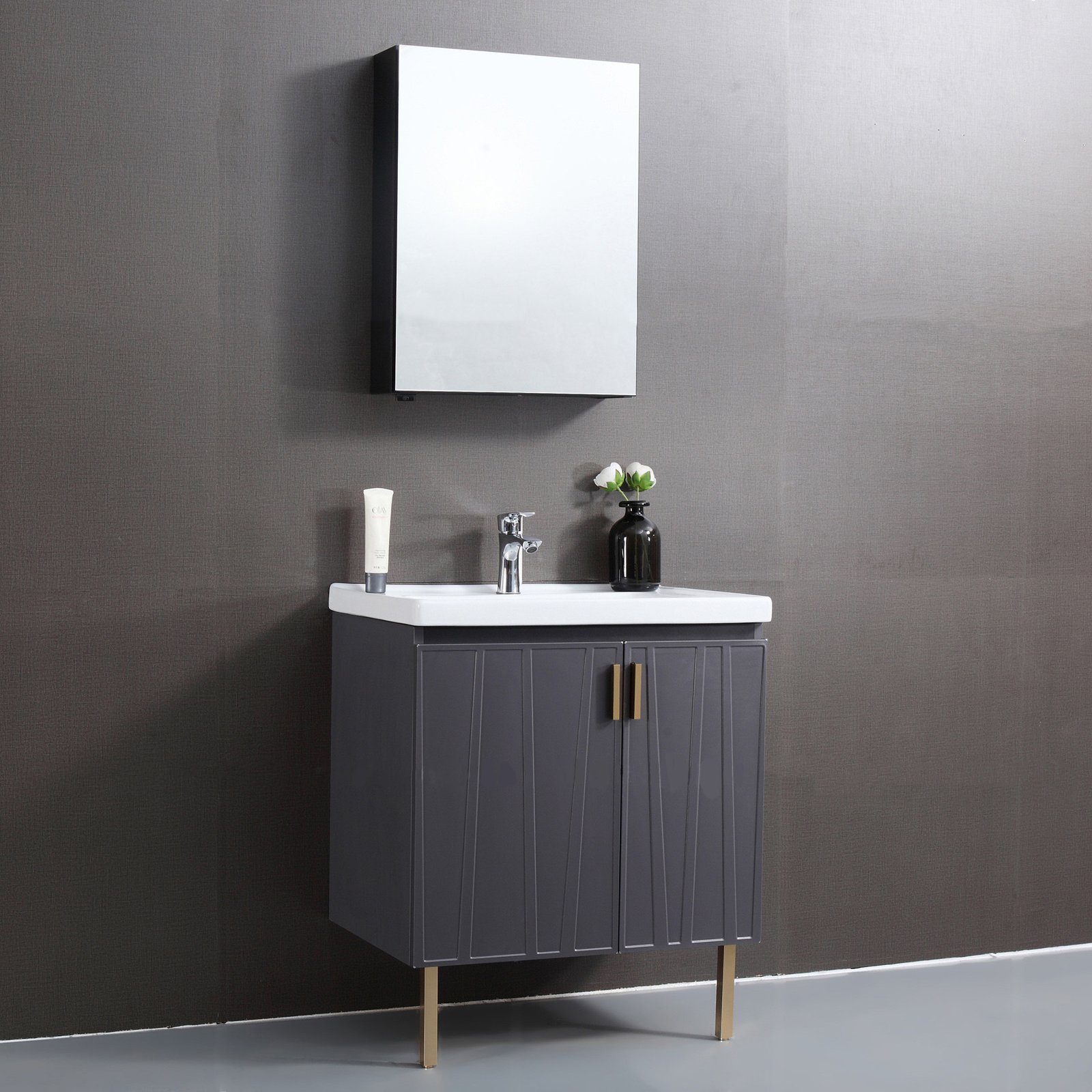 Modern Freestanding Bathroom Vanity with Geometric Doors and Brass Legs detail 1