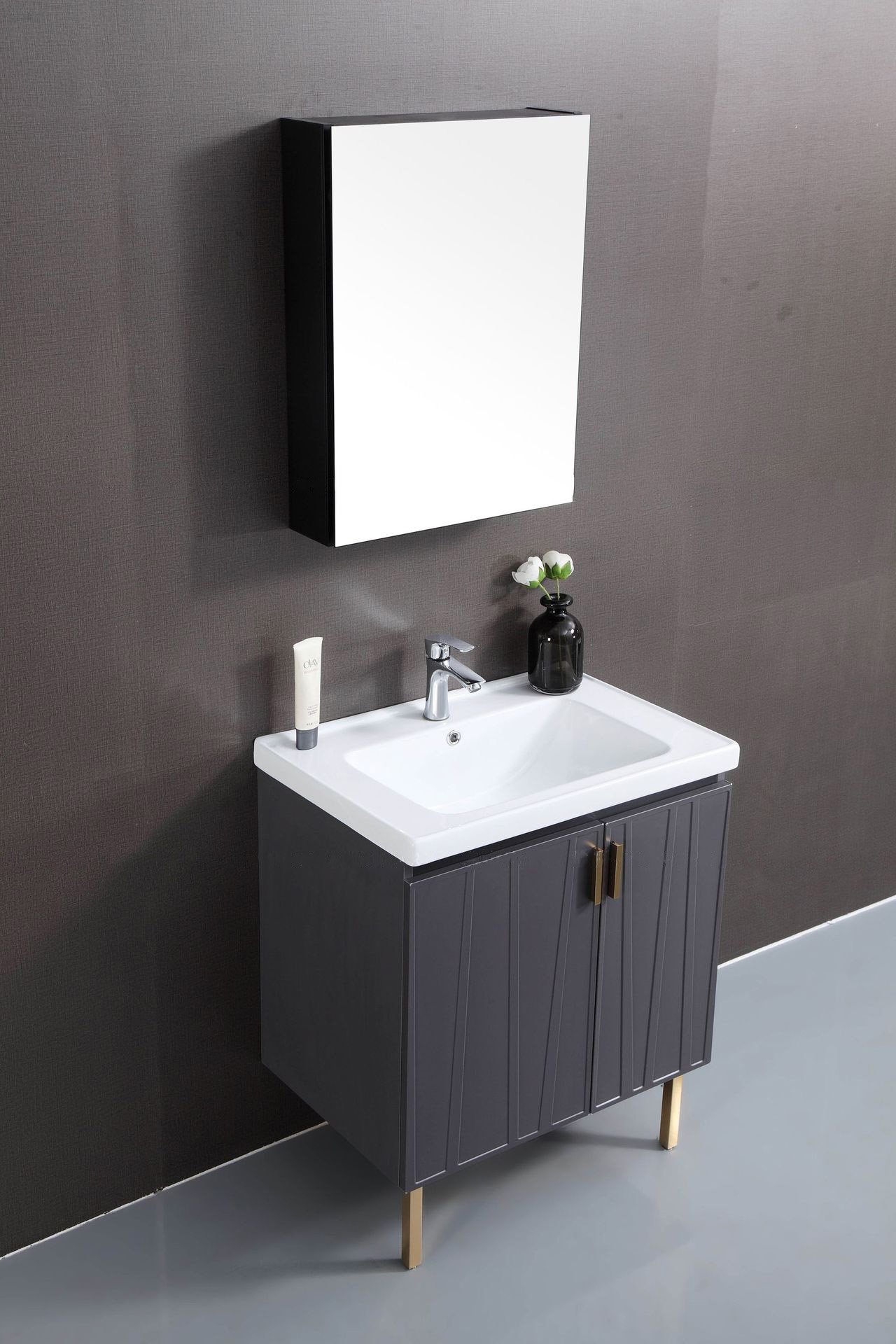 Modern Freestanding Bathroom Vanity with Geometric Doors and Brass Legs detail 2