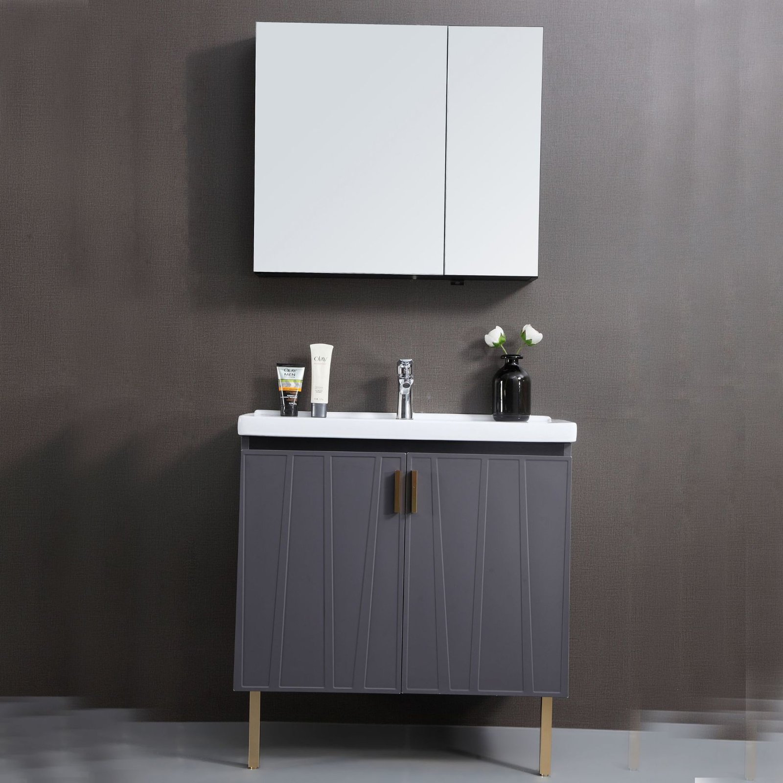 Modern Freestanding Bathroom Vanity with Geometric Doors and Brass Legs