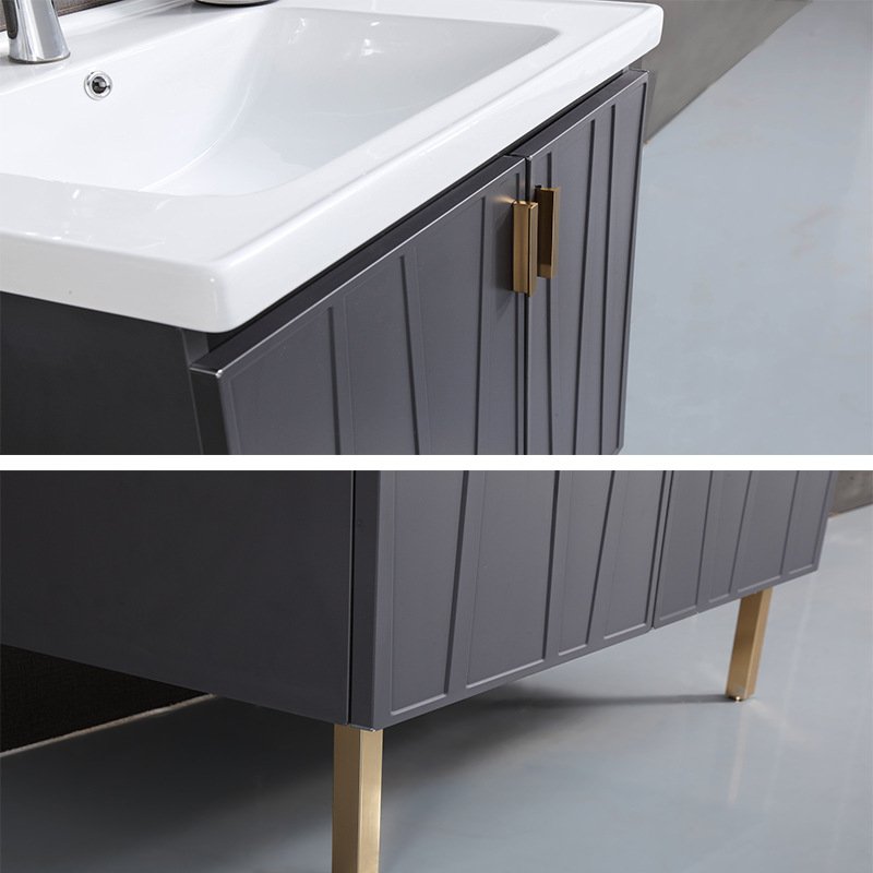 Modern Freestanding Bathroom Vanity with Geometric Doors and Brass Legs