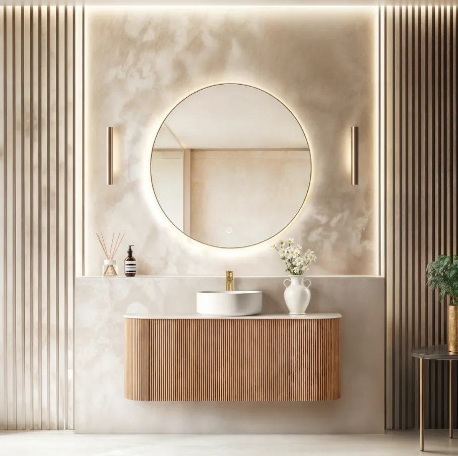 Modern Fluted Wood-Grain Floating Vanity with Vessel Sink & Backlit Mirror