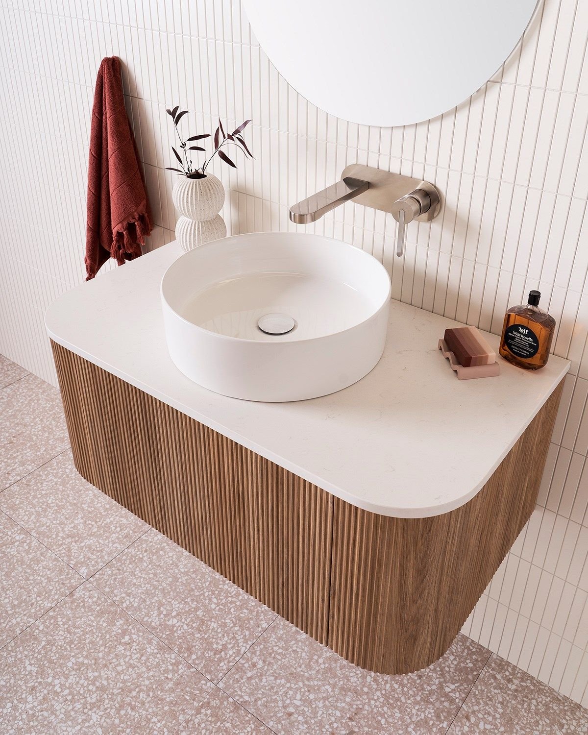 Modern Fluted Wood-Grain Floating Vanity with Vessel Sink & Backlit Mirror