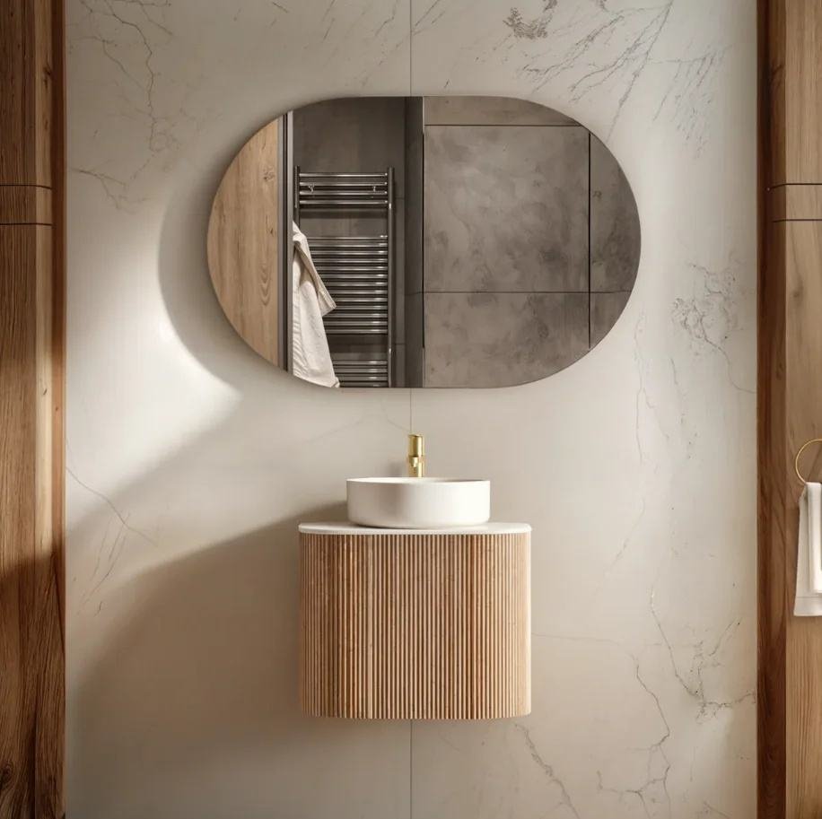 Modern Fluted Wood-Grain Floating Vanity with Vessel Sink & Backlit Mirror
