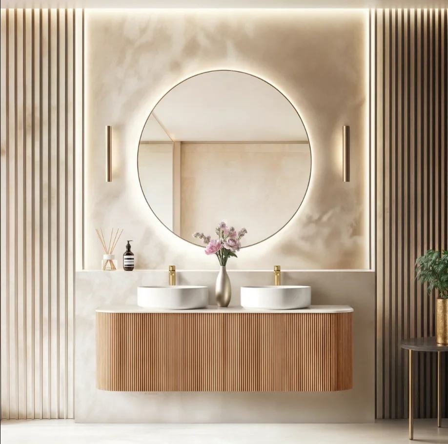 Modern Fluted Wood-Grain Floating Vanity with Vessel Sink & Backlit Mirror