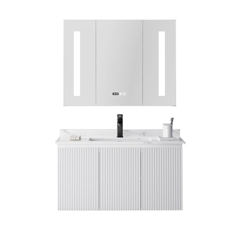 Modern Minimalist White Fluted Bathroom Vanity with 3-Door Smart LED Medicine Cabinet