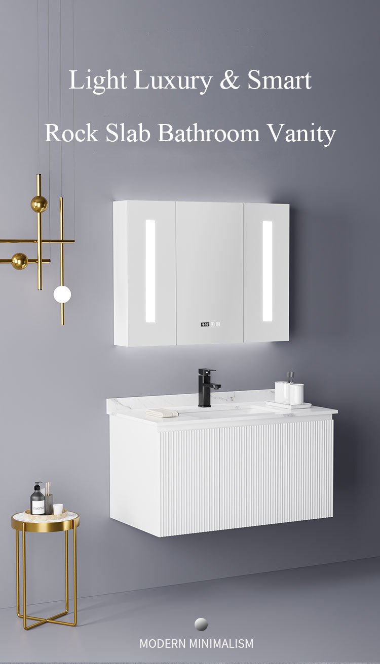 Modern Minimalist White Fluted Bathroom Vanity with 3-Door Smart LED Medicine Cabinet detail 6