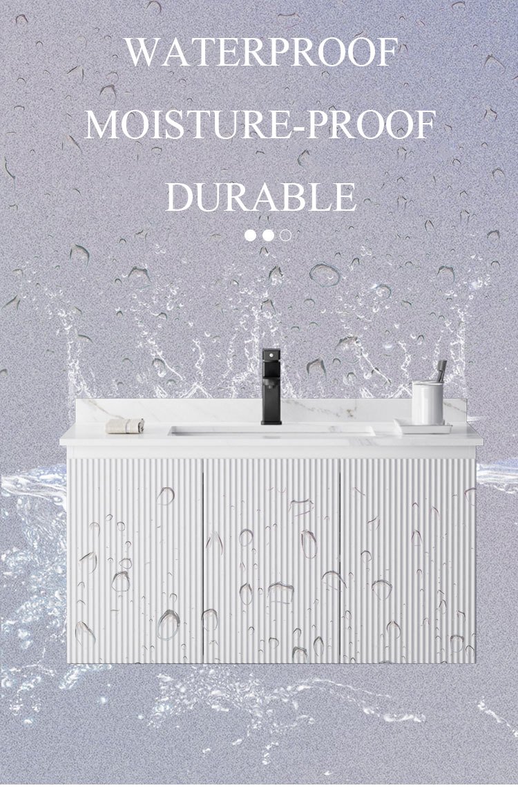 Modern Minimalist White Fluted Bathroom Vanity with 3-Door Smart LED Medicine Cabinet detail 13
