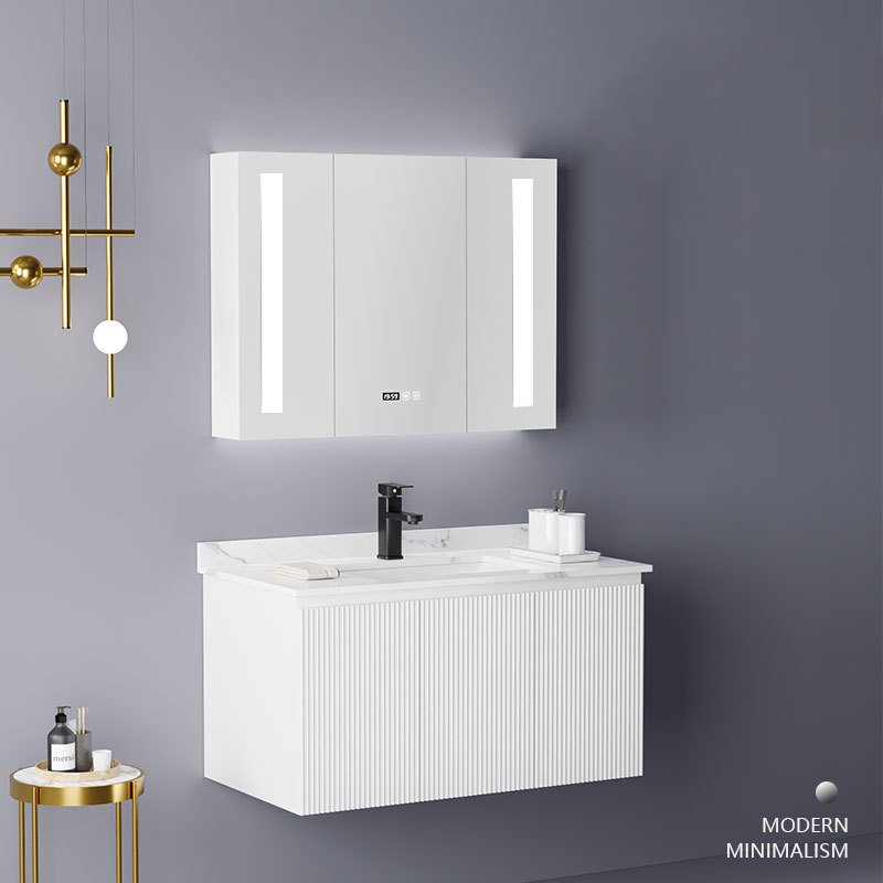 Modern Minimalist White Fluted Bathroom Vanity with 3-Door Smart LED Medicine Cabinet