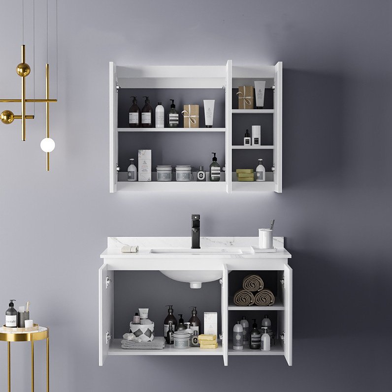 Modern Minimalist White Fluted Bathroom Vanity with 3-Door Smart LED Medicine Cabinet