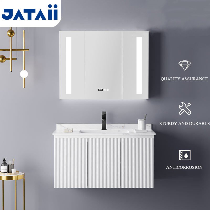 Modern Minimalist White Fluted Bathroom Vanity with 3-Door Smart LED Medicine Cabinet