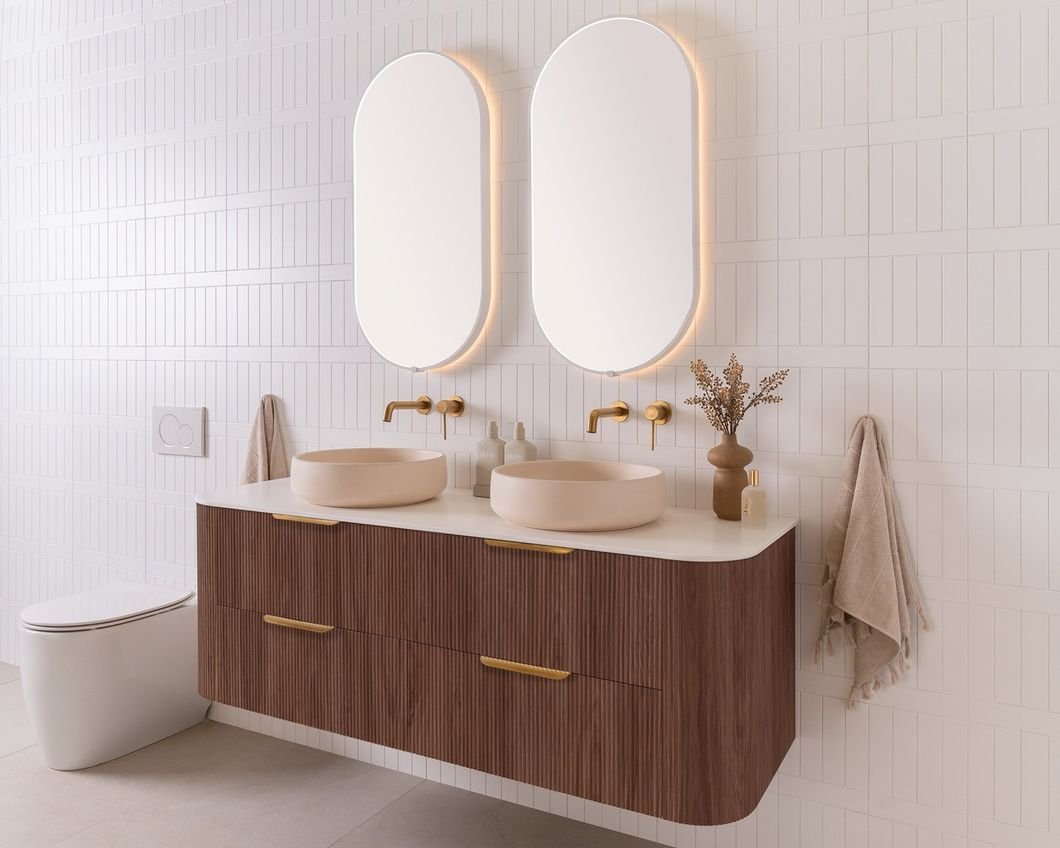 Double Sink Fluted Floating Vanity with Twin Smart Mirrors | JATAII detail 10