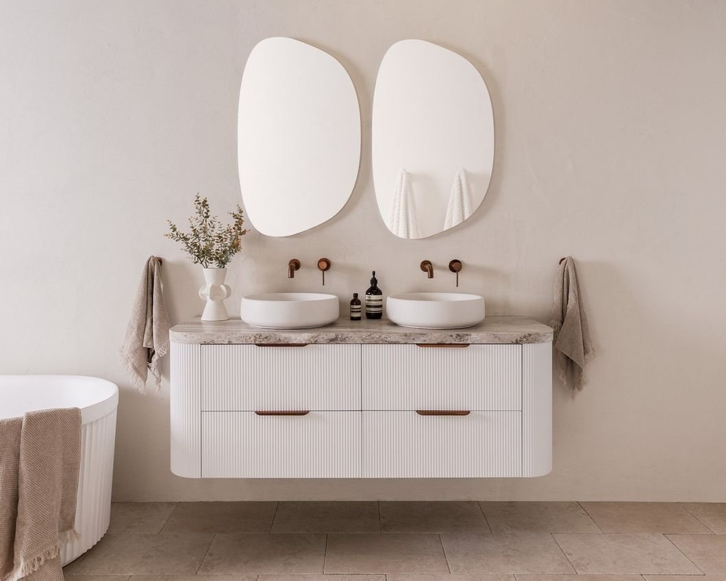 Double Sink Fluted Floating Vanity with Twin Smart Mirrors | JATAII detail 8