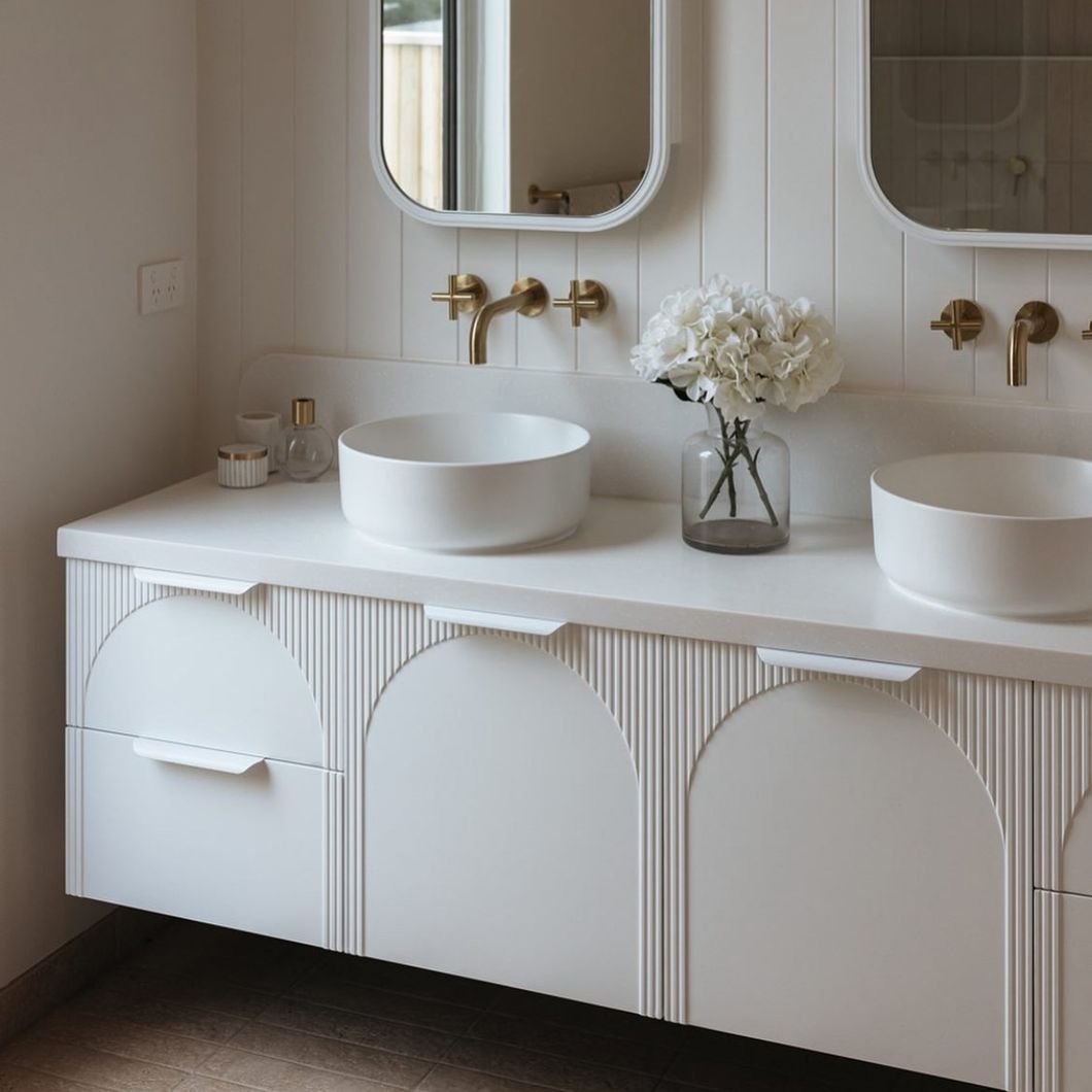 Double Sink Fluted Floating Vanity with Twin Smart Mirrors | JATAII detail 6