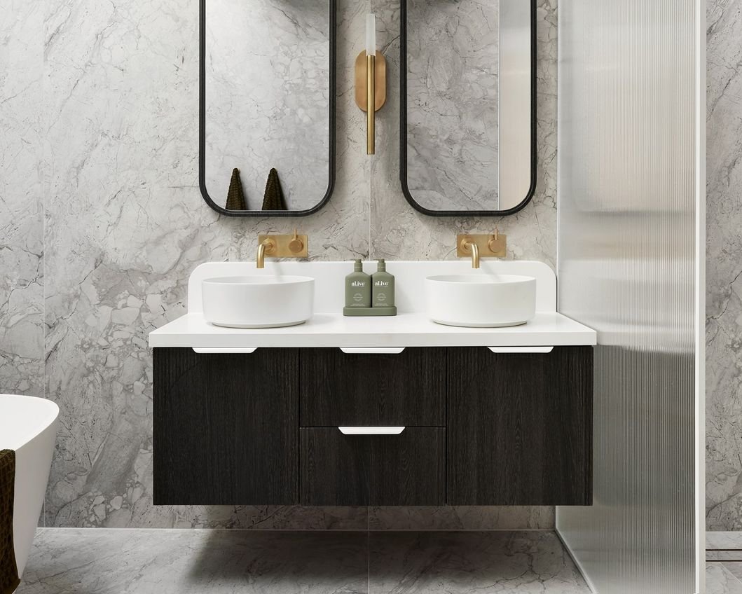Double Sink Fluted Floating Vanity with Twin Smart Mirrors | JATAII detail 9