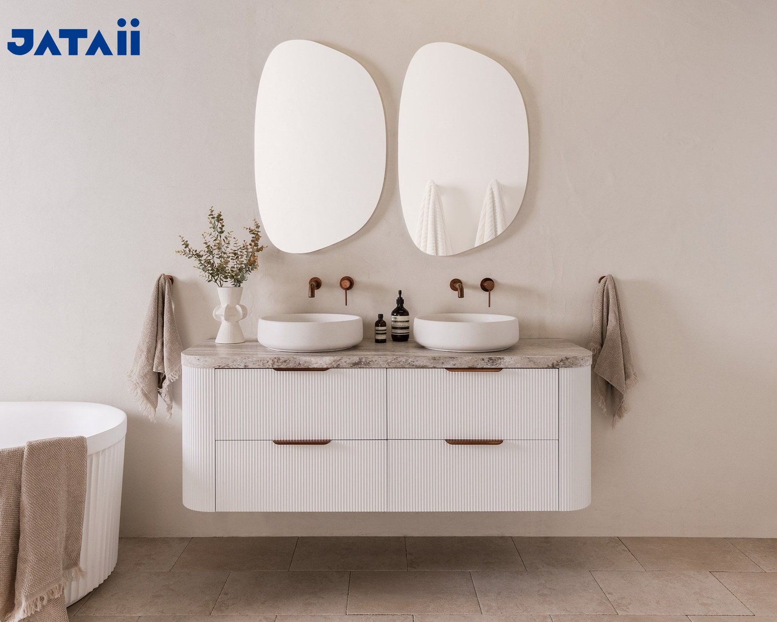 Double Sink Fluted Floating Vanity with Twin Smart Mirrors | JATAII