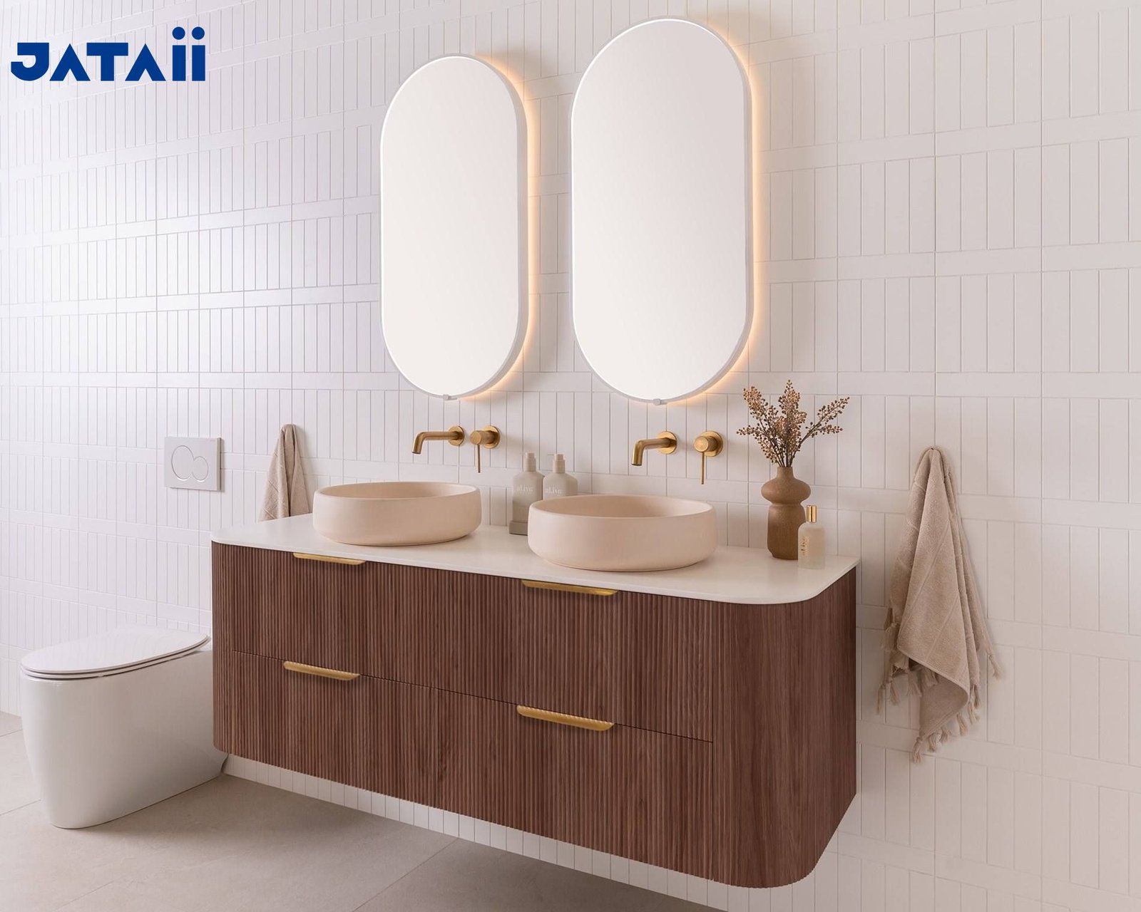 Double Sink Fluted Floating Vanity with Twin Smart Mirrors | JATAII