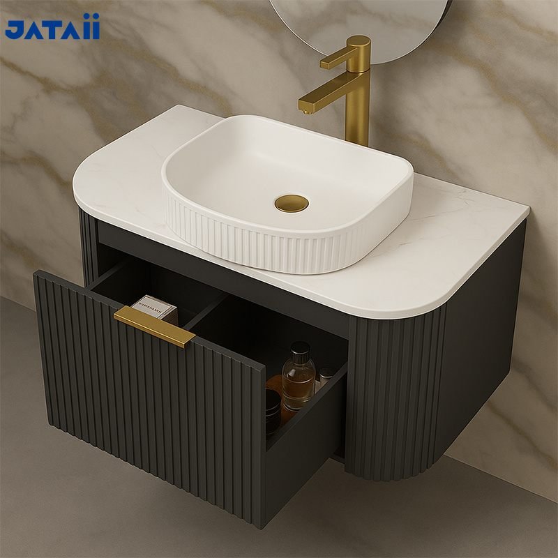 Luxury Black Fluted Floating Vanity with Vessel Sink