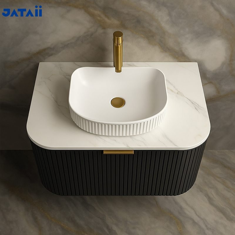 Luxury Black Fluted Floating Vanity with Vessel Sink