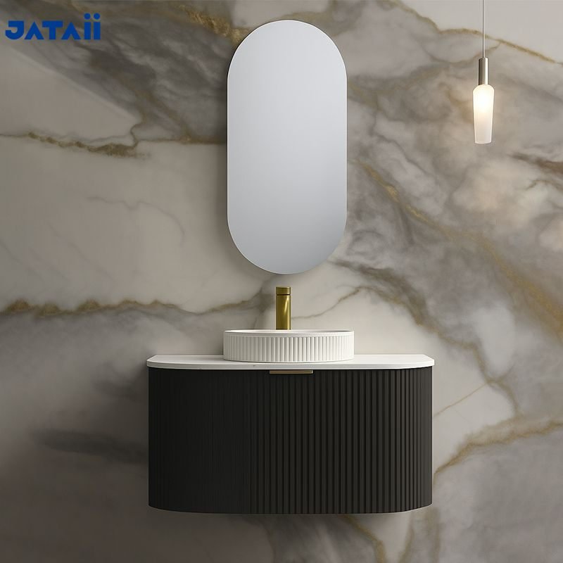 Luxury Black Fluted Floating Vanity with Vessel Sink detail 2