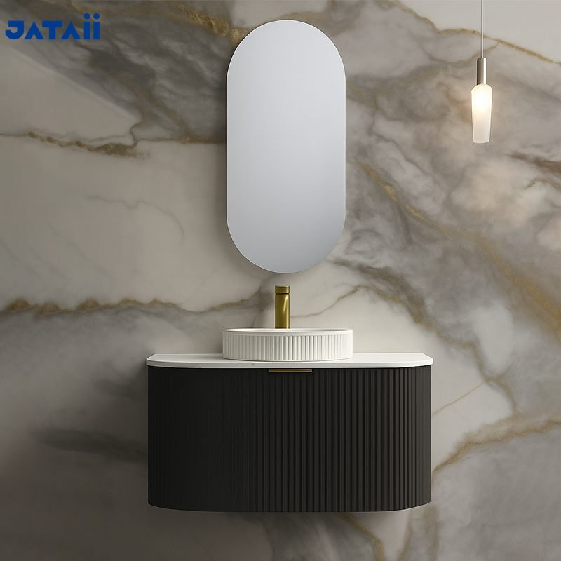 Luxury Black Fluted Floating Vanity with Vessel Sink