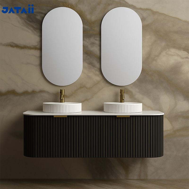 Luxury Black Fluted Floating Vanity with Vessel Sink
