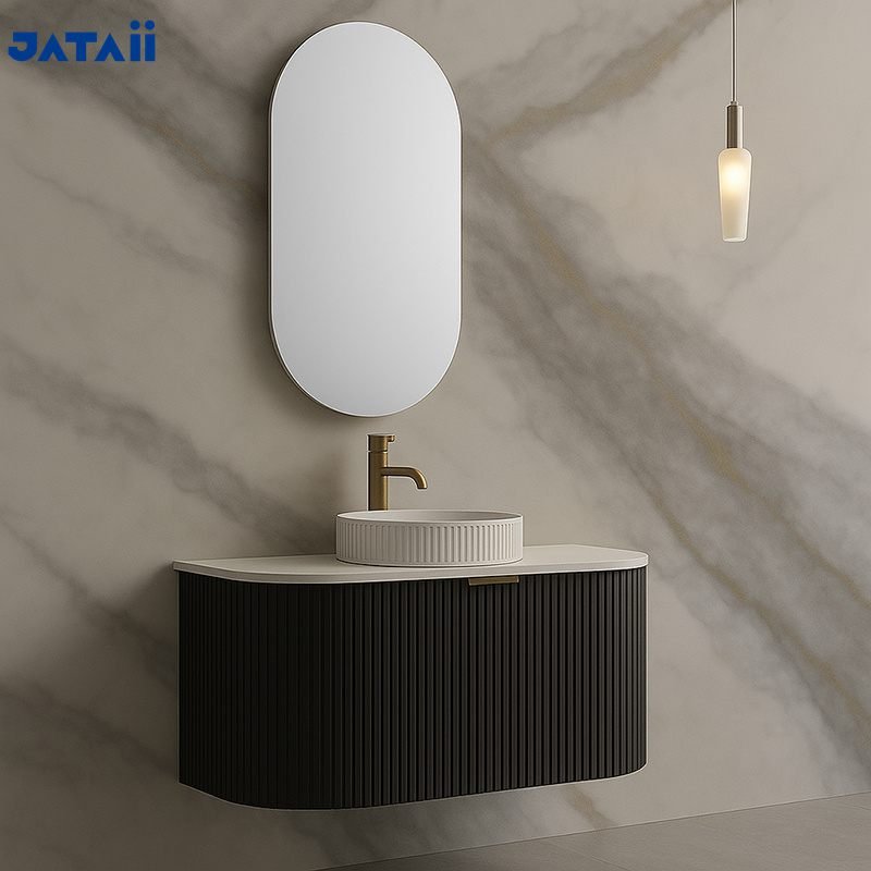 Luxury Black Fluted Floating Vanity with Vessel Sink