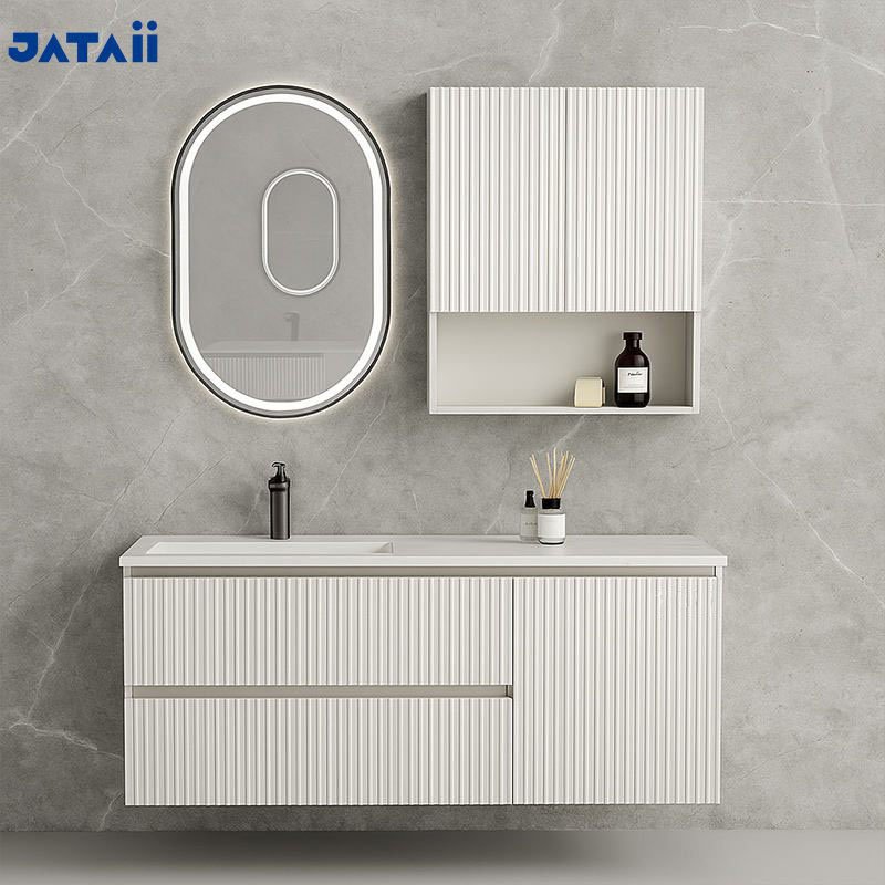 Modern White Fluted Floating Vanity with Side Storage Cabinet