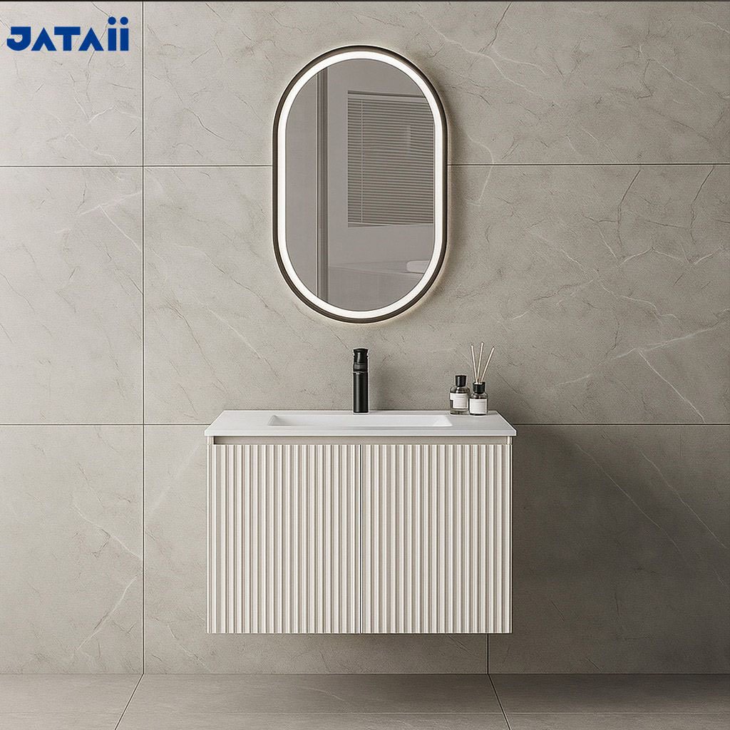 Modern White Fluted Floating Vanity with Side Storage Cabinet detail 6