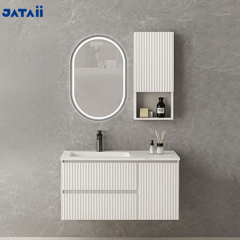 Modern White Fluted Floating Vanity with Side Storage Cabinet detail 4