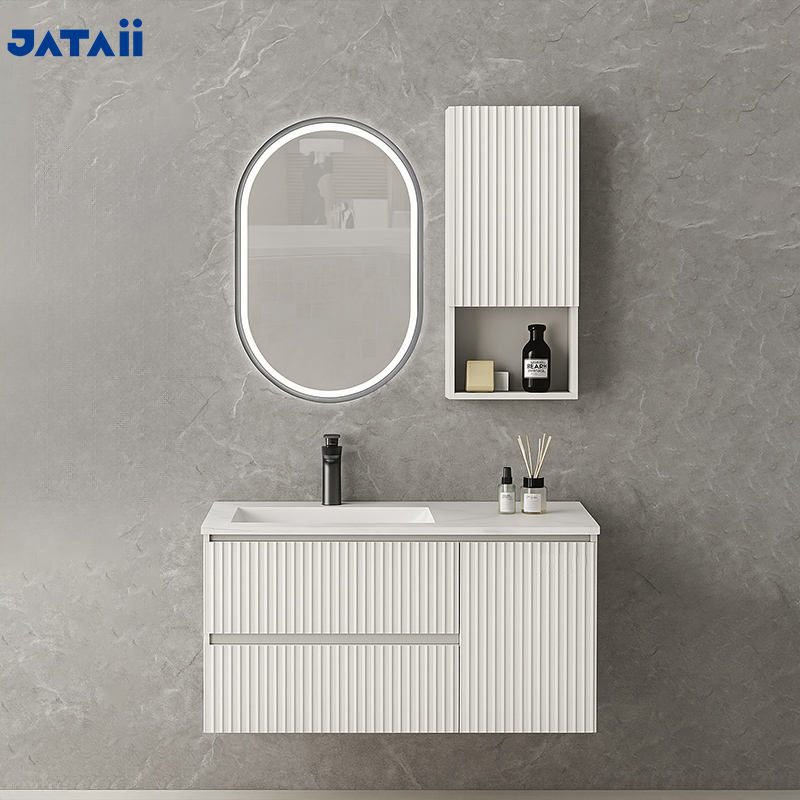 Modern White Fluted Floating Vanity with Side Storage Cabinet