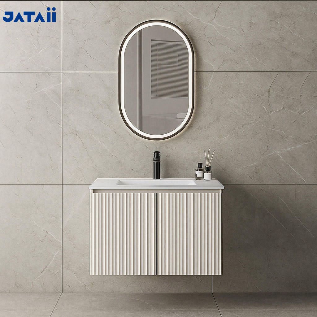 Modern White Fluted Floating Vanity with Side Storage Cabinet