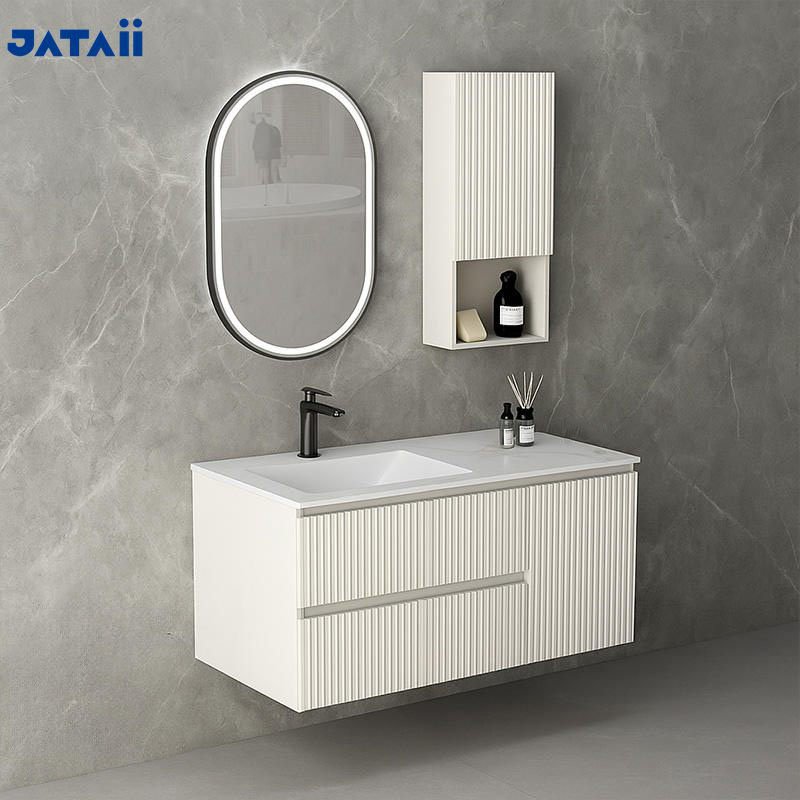 Modern White Fluted Floating Vanity with Side Storage Cabinet
