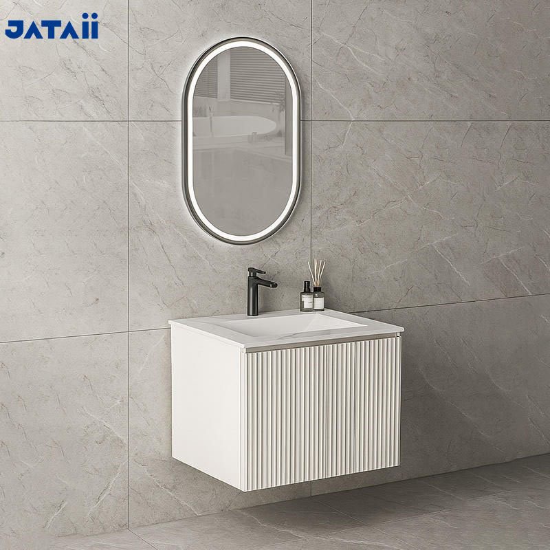 Modern White Fluted Floating Vanity with Side Storage Cabinet
